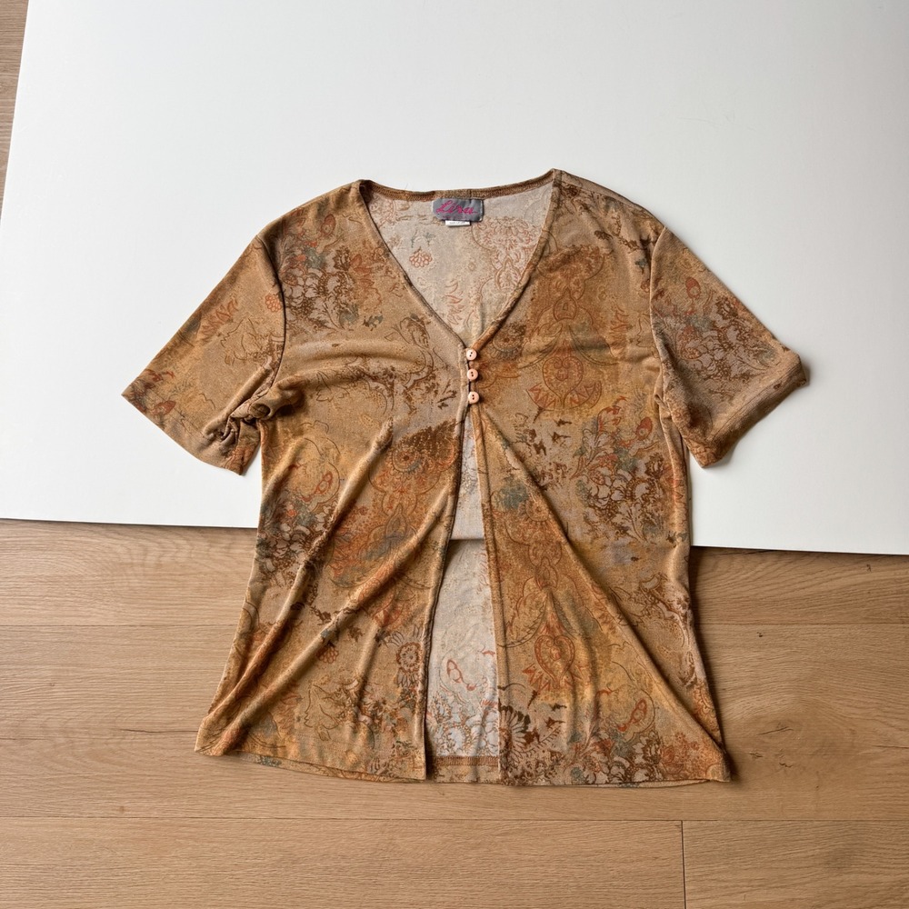 Vintage Y2K Brown Paisley Floral Button Front Split Hem Top Fairycore USA Lira